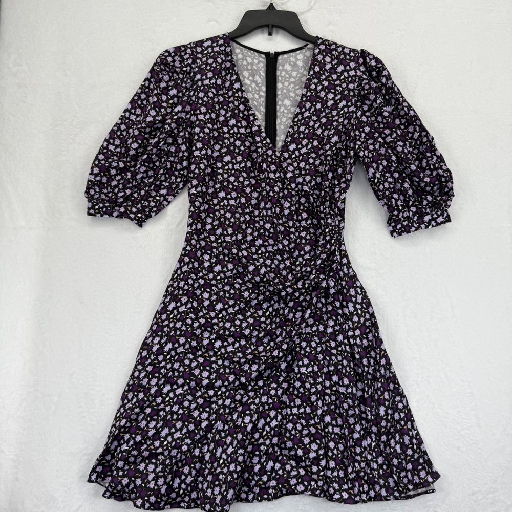 NWT Chinti & Parker Floral Mini Dress‎ Purple Black Wrap V Neck Puff Sleeve US 6